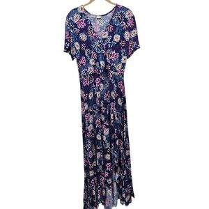 Lascana Womens Floral Maxi Dress Short Sleeve‎ V-Neck Crossovers Front Blue
